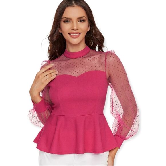 NWT Romwe Women's Mesh Long Sleeve Mock Neck Ruffle Hem Slim Fit Peplum Blouse - Picture 5 of 6